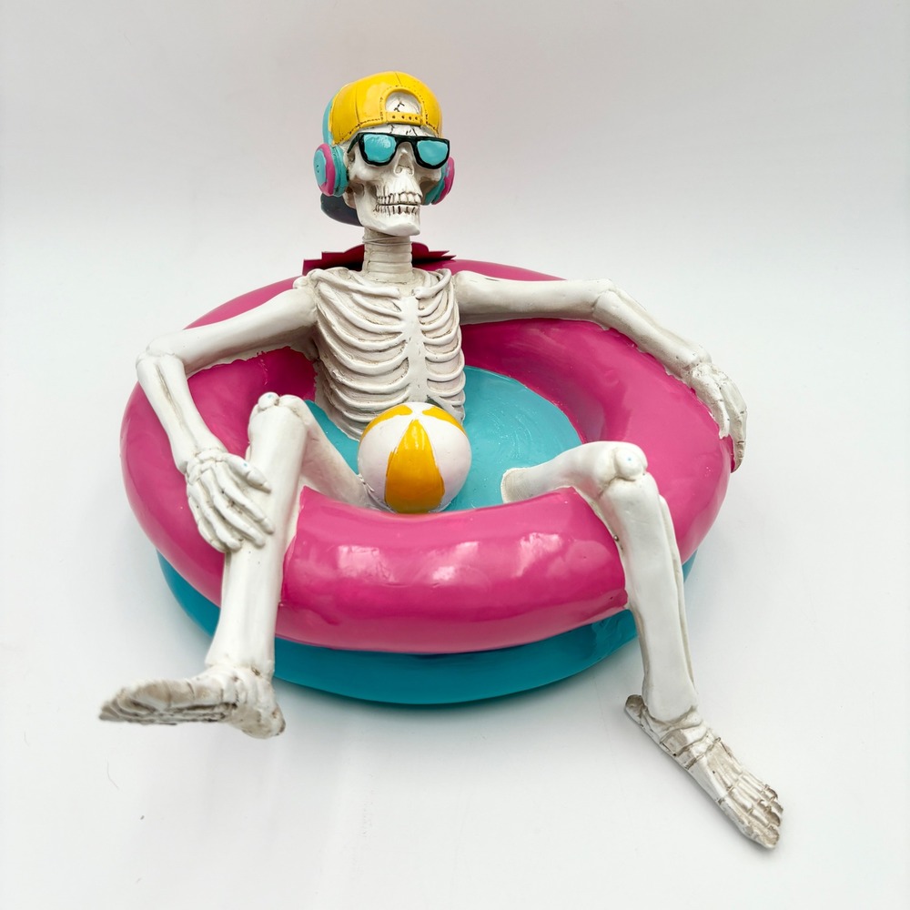 Skeleton Pool Pink Float‎ Decor Summerween Skeleton Statue with Beach Ball